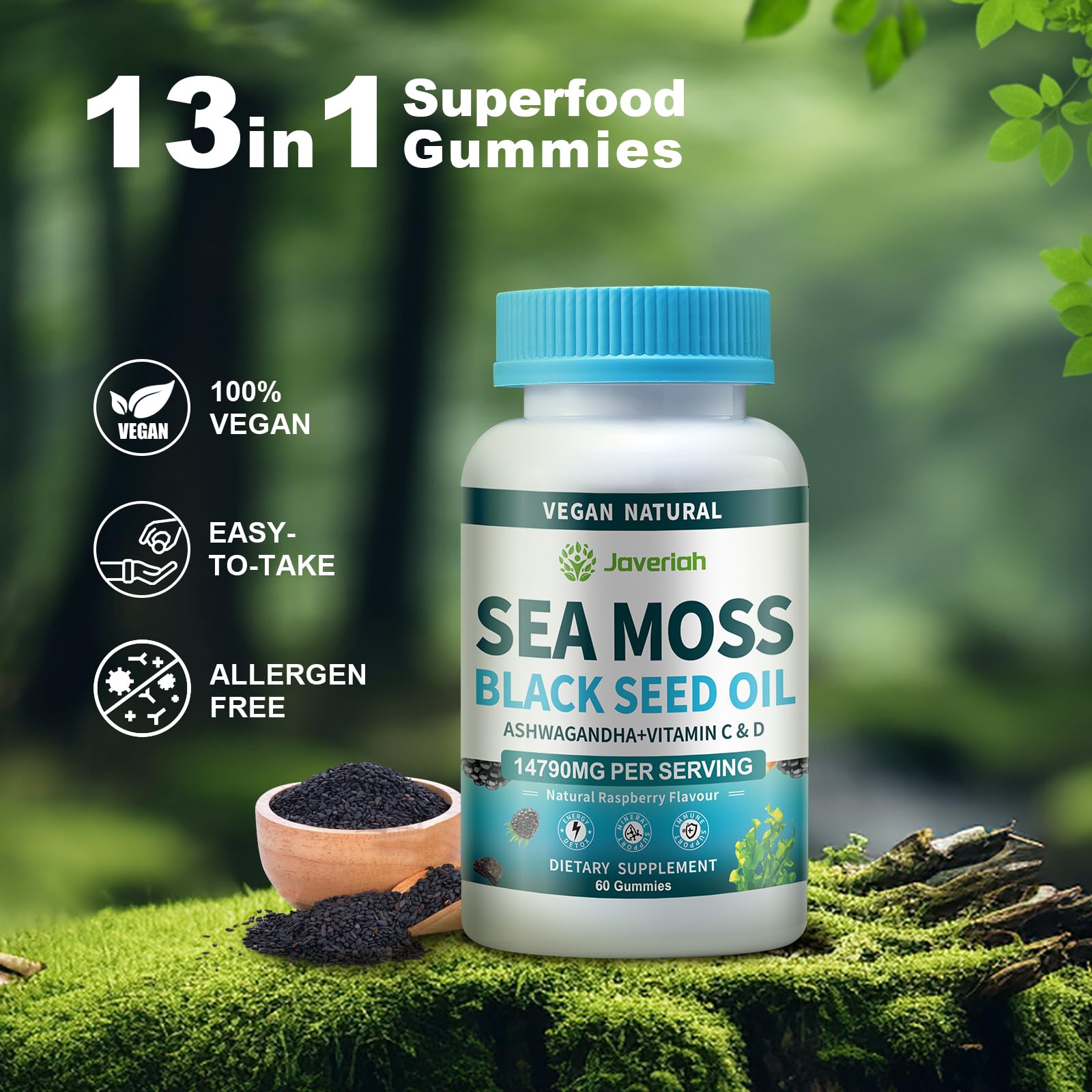 Vegan Ashwagandha Sea Moss Gummies - Black Seed Oil, Vitamin C&D for Immune Support, Digestive, Antioxidant 13 in 1 Bundle, Sea Moss Chlorophyll Advanced Strength Formula 2Pack 120 Gummies