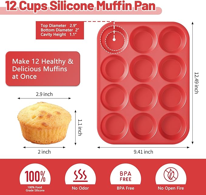 Bongpuda Silicone Muffin Pan with Metal Reinforced Frame,2 Pcs 2.9" Regular Size 12 Cups Egg Bite Mold,Non-Stick,Easy Release,For Egg Muffins, Cupcakes, Large Muffins,Cheesecakes(Orange + Red)