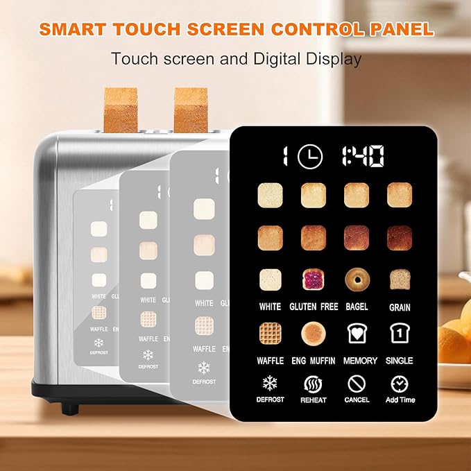 2 Slice Toaster Touch Screen, Stainless Steel Toasters Digital Timer 2 Slot Toasters, 8 Shade Settings 6 Bread Types for Bagel, Cancel, Defrost（Silver）