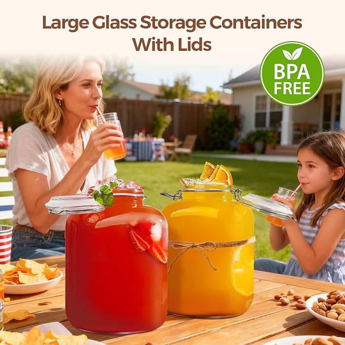 ComSaf Square Glass Pantry Jars with Airtight Lids 1.1 Gallon 2 Pack Large