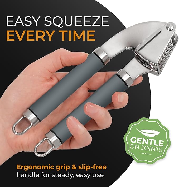 ORBLUE Garlic Press and Peeler Set, Stainless Steel - Professional Grade Mincer, Crusher - Dishwasher Safe & Rust-proof, Gray