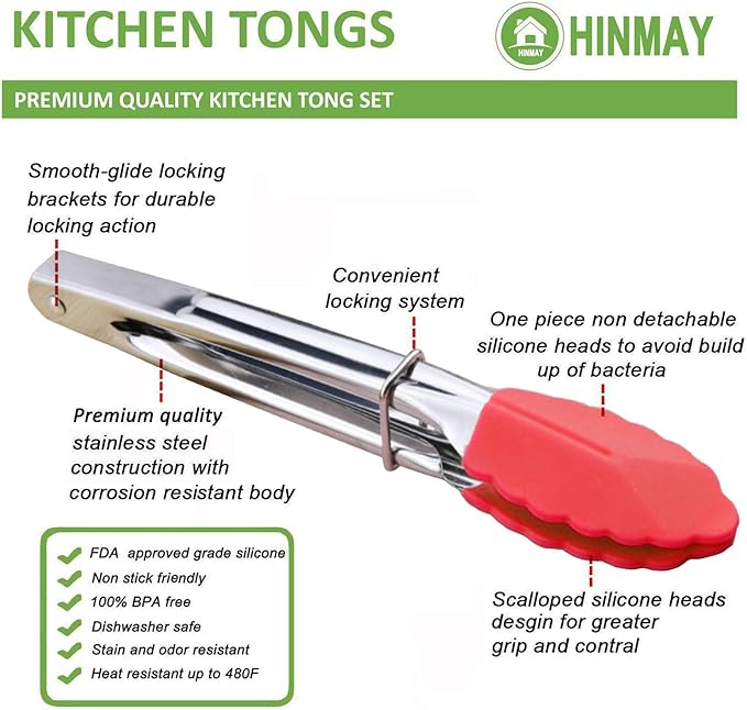 HINMAY Small Tongs with Silicone Tips 7-Inch Mini Serving Tongs, Set of 6