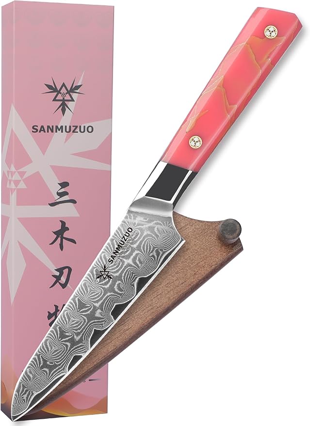 SANMUZUO Kitchen Utility Knife 5 Inch, Professional Kitchen Chef Knife, Ultra Sharp Damascus Powder Steel with Full-tang Resin Handle, SHENG Series