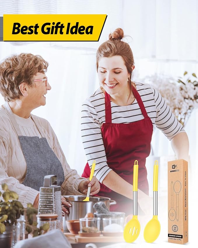 BUNDLEPRO Silicone Cooking Spoons for Non Stick Cookware, 2 Pack, Yellow