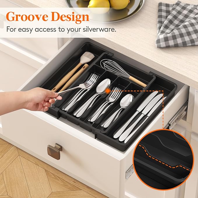 Lifewit Expandable Silverware Organizer, Plastic Utensil Tray for Kitchen Drawer, BPA Free Flatware Cutlery Holder, Space-Saving Storage for Spoons Forks Knives, 8-13.8 x 11.2 x 1.4 inch, Black