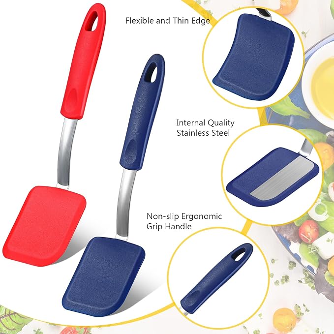 Yetene Silicone Cookie Spatula Turner 2 Pack Mini Brownie Spatula Flexible Kitchen Small Silicone Turner for Nonstick Cookware Heat Resistant No Scratch Flipper for Egg(Solid Flat,Red,Blue)
