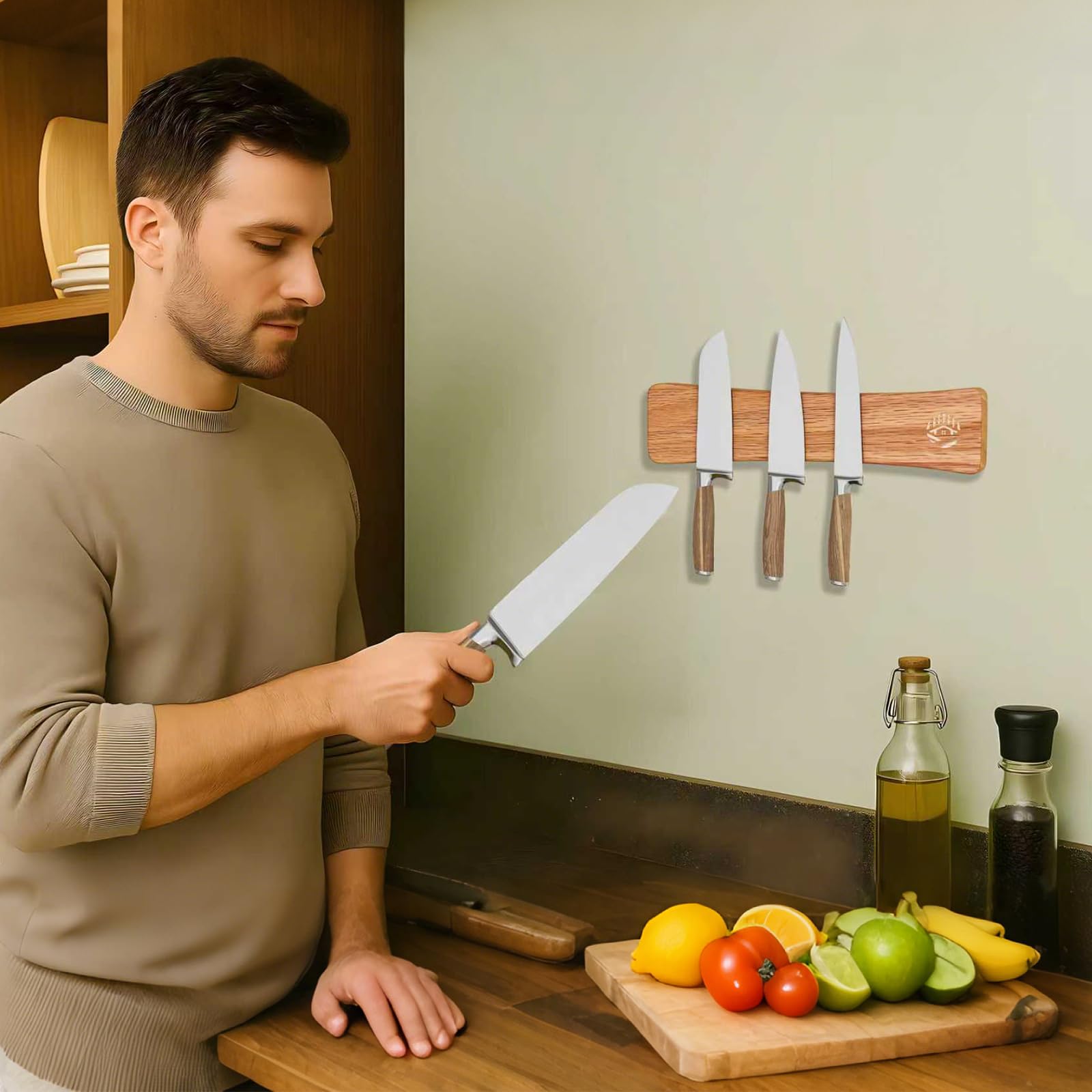 KORELION WOOD Magnetic Knife Strip, 16 Inch Oak Magnetic Knife Holder for Wall with N52 Super Strong Magnets, Premium Wooden Knife Magnetic Strip Organizer for Kitchen Knives, Tools,No Drilling