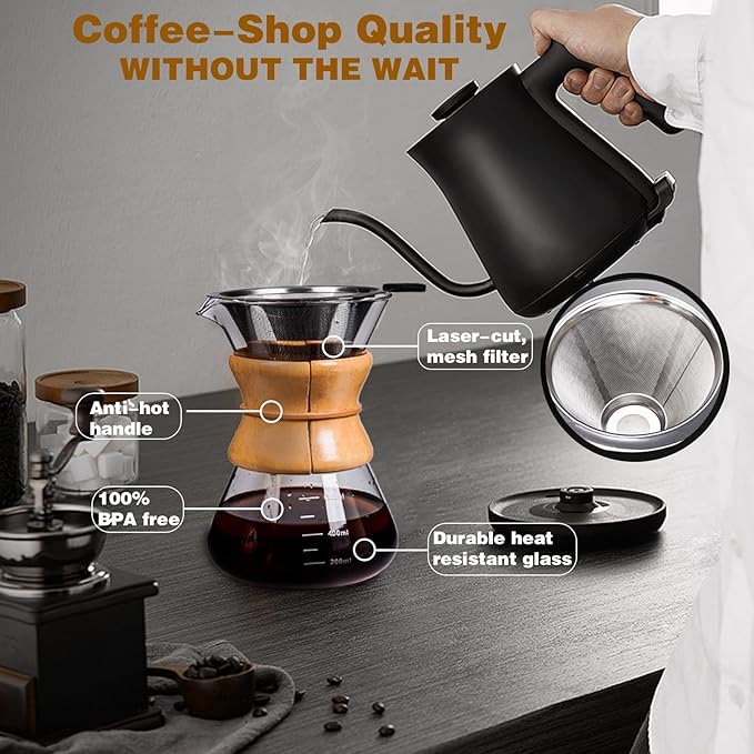 COFISUKI Pour Over Coffee Maker with Reusable Stainless Steel Drip Filter, Lead-Free Borosilicate Glass Coffee Carafe with Modern Wooden Collar for 1-6Cup, Circular Clear (800ml/27oz)