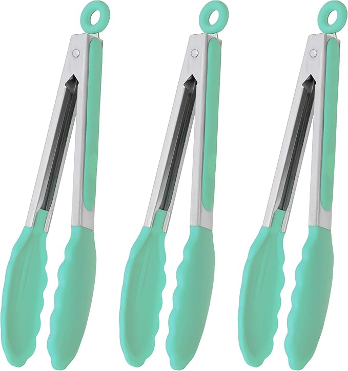 HINMAY 9" Kitchen Cooking Tongs with Silicone Tips, Set of 3 (Mint)