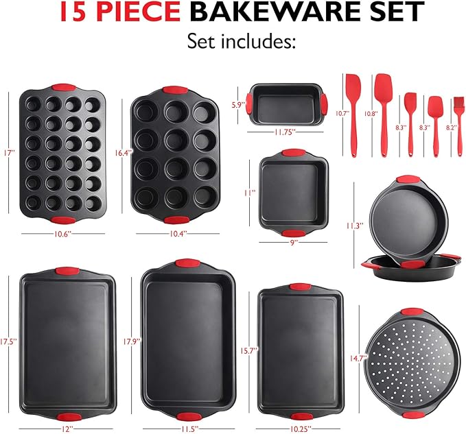 Eatex Nonstick Baking Sheet Set, 39-Piece Baking Pans Set with Silicone Handles, Carbon Steel Cookie Sheets for Baking, Commercial Grade Quality Bakeware Sets Includes Kitchen Utensils Set and More