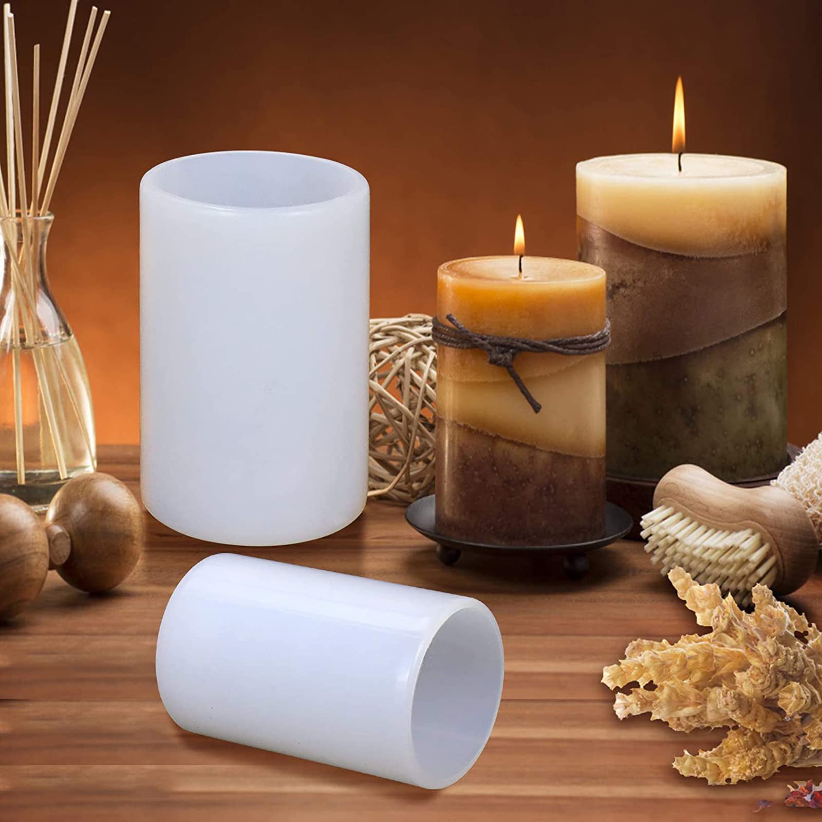 2 Pack Silicone Resin Flower & Candle Mold - Round & 3D Cylinder Molds for Handmade Candles & Soap