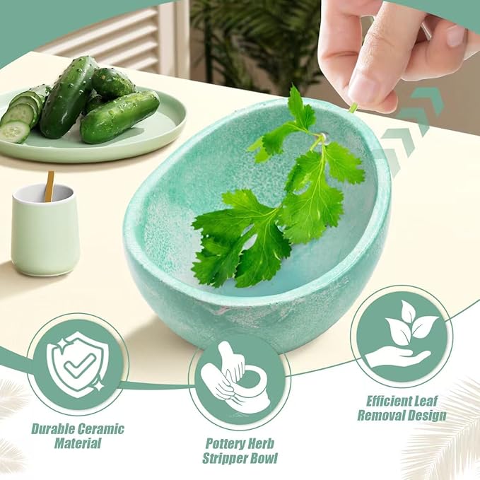 Rimigood Ceramic Herb Stripper Bowl with 4-Sized Holes for Stripping Herbs Leaves Handmade Herb Peeler for Strips Kale, Thyme, Basil, Pottery Herb Leaf Stripping Bowl (Green)