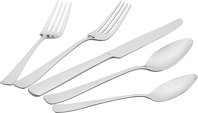 Amazon Basics 20-Piece Stainless Steel Flatware Set with Square Edge, Dishwasher Safe, Simple Design, Service for 4, Silver