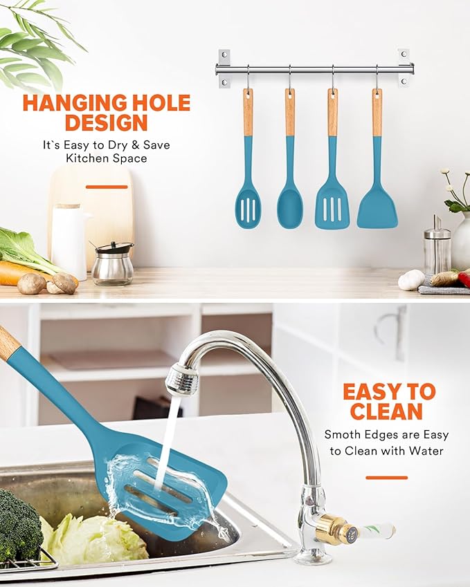 Badiano Silicone Cooking Utensils Set, Safe for Nonstick Cookwares, Blue