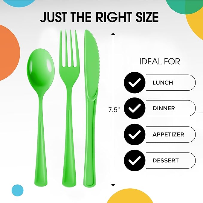 Party Solids Lime Green Plastic Silverware Heavy Duty 150 Pieces Lime Green Disposable Silverware Heavy Duty, Utensil Sets, 50 Of Each Forks, Knives & Spoons Disposable Cutlery Set For Party Supplies