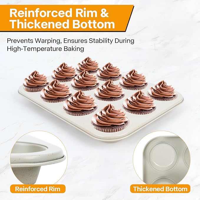 Spmarkt 2-Pack Healthy Baking Cupcake Pan| Non Stick 12-Cup Muffin Pan | Durable & Easy Clean Muffin Tin | Perfect for Cupcakes, Muffins (Beige)