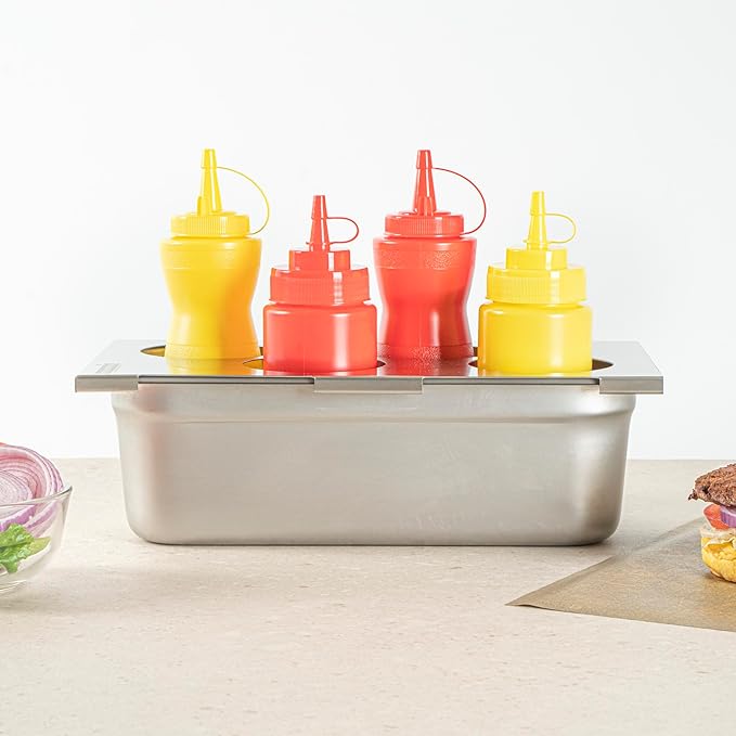 Restaurantware Squeeze Bottle Organizer Top 1 Count 12.79 x 7.09 x 0.39 Inches Stainless Steel Bottle Holder - Four Hole Condiment Rack - Silver Kitchen Organizer for Food Prep