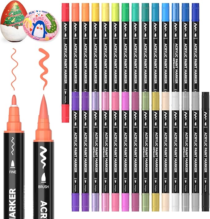 Shuttle Art 28 Colors Dual Tip Acrylic Paint Markers, Brush Tip and Fine Tip Acrylic Paint Pens for Rock, Ceramic, Wood, Canvas, Plastic, Glass, Stone, Calligraphy, Card Making, DIY Football Crafts