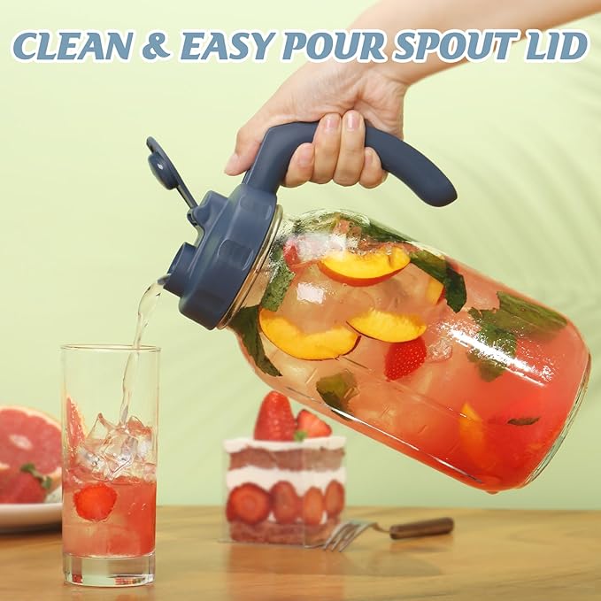 SOLIGT 2 Quart Glass Mason Jar Pitchers with Lids, Navy & Yellow, 2 Pack