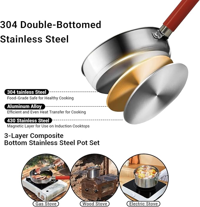 Tomtimbber Camping Cookware Set 304 Stainless Steel Cooking Pots Pan Kettle Set with Travel Tote Bag for Camping Outdoor Kitchen Cooking Picnic for 4-6
