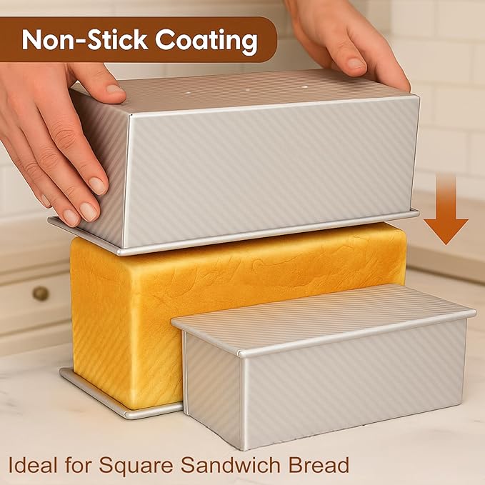 Logario 2-pack Pullman Loaf Pan with Lid (13x5 & 8.4x4.8 inch) - Nonstick Aluminum Steel Bread Pan Set, Vented Bottom for Even baking, PFOA & PTFE free, for Sandwich Bread, Sourdough, Toast & Shokupan