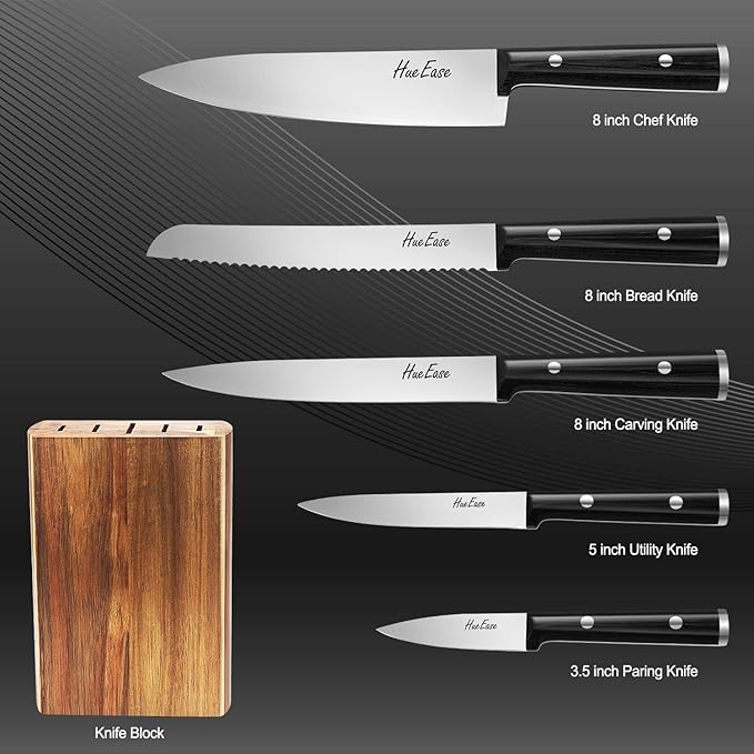 HueEase Knife Set,6-Piece Kitchen Knife for Home Use, Sharp Knife Set with Natural Acacia Wood Knife Block, Germen Steel Wood Handle Kitchen Knife Block Set, Ergonomical Design ((Ink-black))