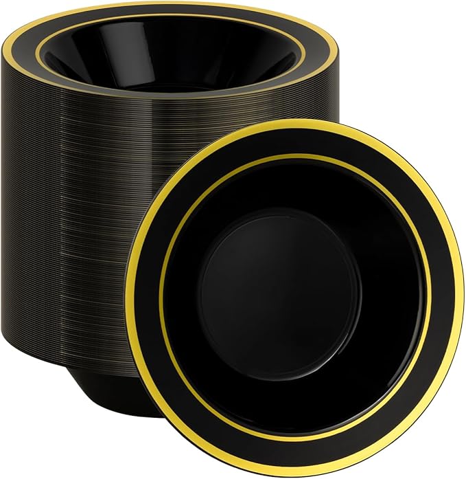 BESTSTAR 200 Pack Black Disposable Bowls with Gold Rim