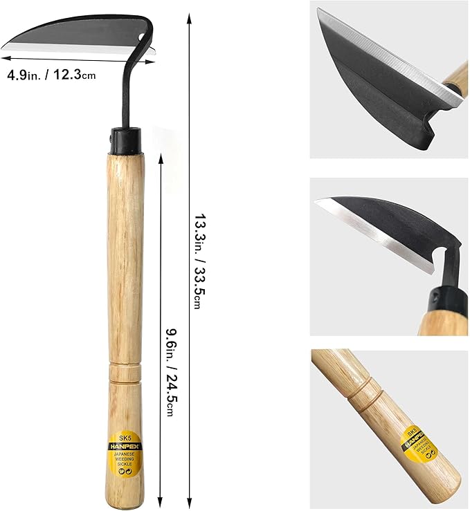 Hanpex - Japanese Weeding Sickle, Wide Blade Gardening Tools - Premium Quality Hand Hoes/Weeding Sickle Have Very Sharp Edge for Quick Work (Long Handle)
