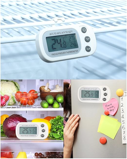 Frienda 12 Pcs White Digital Fridge Thermometer Waterproof Refrigerator and Freezer Max/min Record Function LCD Screen Refrigerator Thermometer with Hook and Magnetic Back for Home (Button)