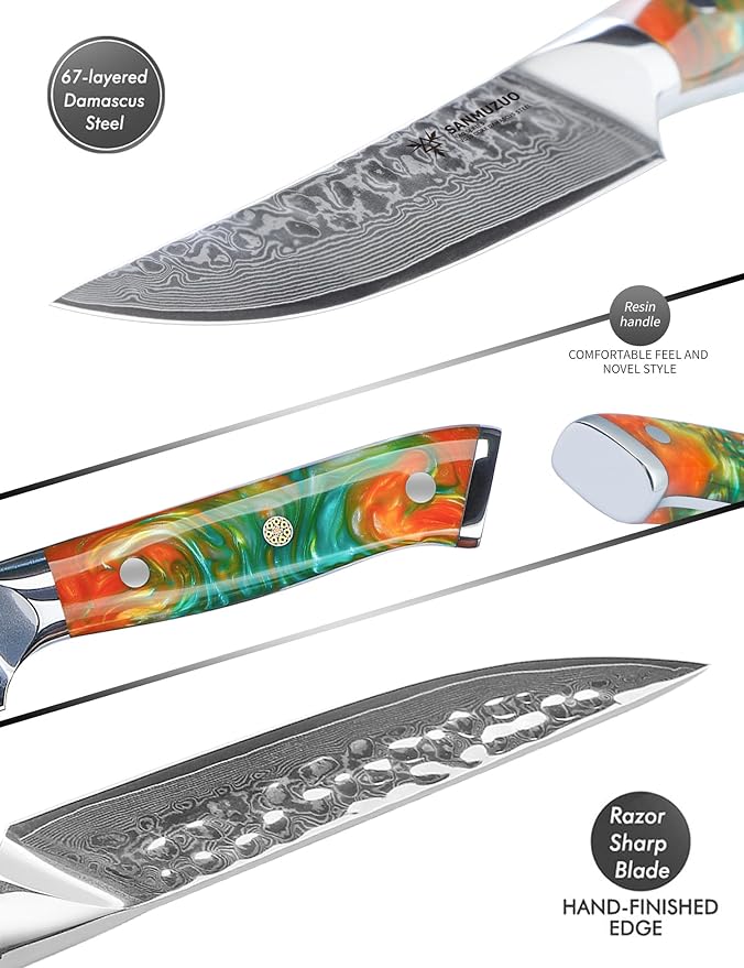 SANMUZUO Steak Knives Set of 4, Ultra Sharp Kitchen Steak Knife 5 Inch - Forged Damascus Steel & Resin Handle - Yao Series