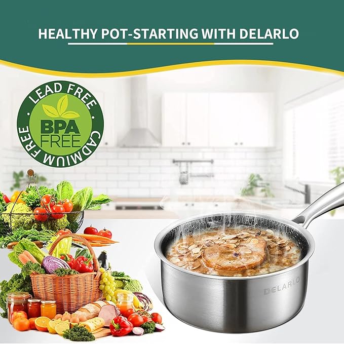DELARLO Tri-Ply Stainless Steel Hybrid Non Stick Saucepan 1.5 Quart