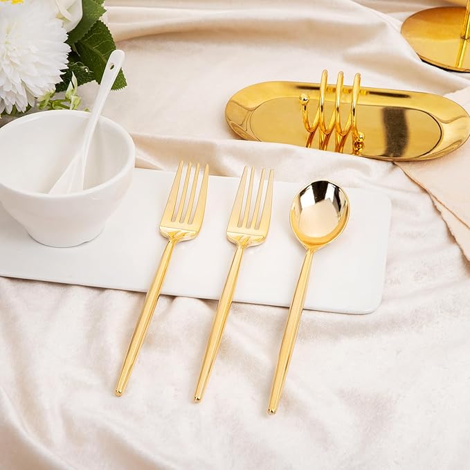 SUT 100PCS Gold Plastic Forks and Spoons Heavy Duty Set, 100 Count, Gold Disposable Flatware, 50 Forks, 50 Spoons for Party