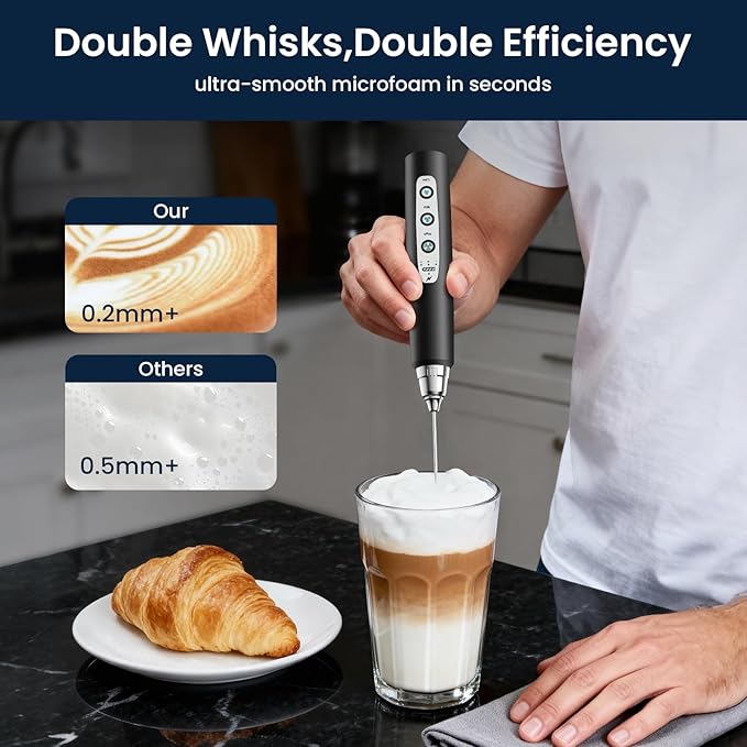 Milk Frother Wand Rechargeable Handheld Electric Whisk 3 Speed Adjustable