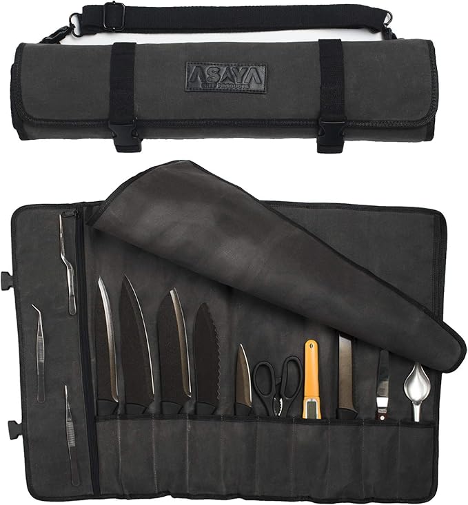 Asaya Waxed Canvas Chef Knife Roll Bag with 10 Slots and a Zipper Pocket - Professional Chef Knife Bag & Storage Case, with Shoulder Strap - Knives Not Included (Grey)