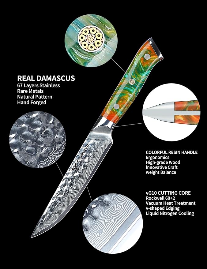 SANMUZUO Steak Knives Set of 4, Ultra Sharp Kitchen Steak Knife 5 Inch - Forged Damascus Steel & Resin Handle - Yao Series