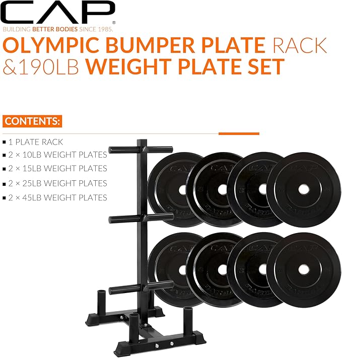CAP 190lb Elite Olympic Bumper Plate Set with Storage Rack