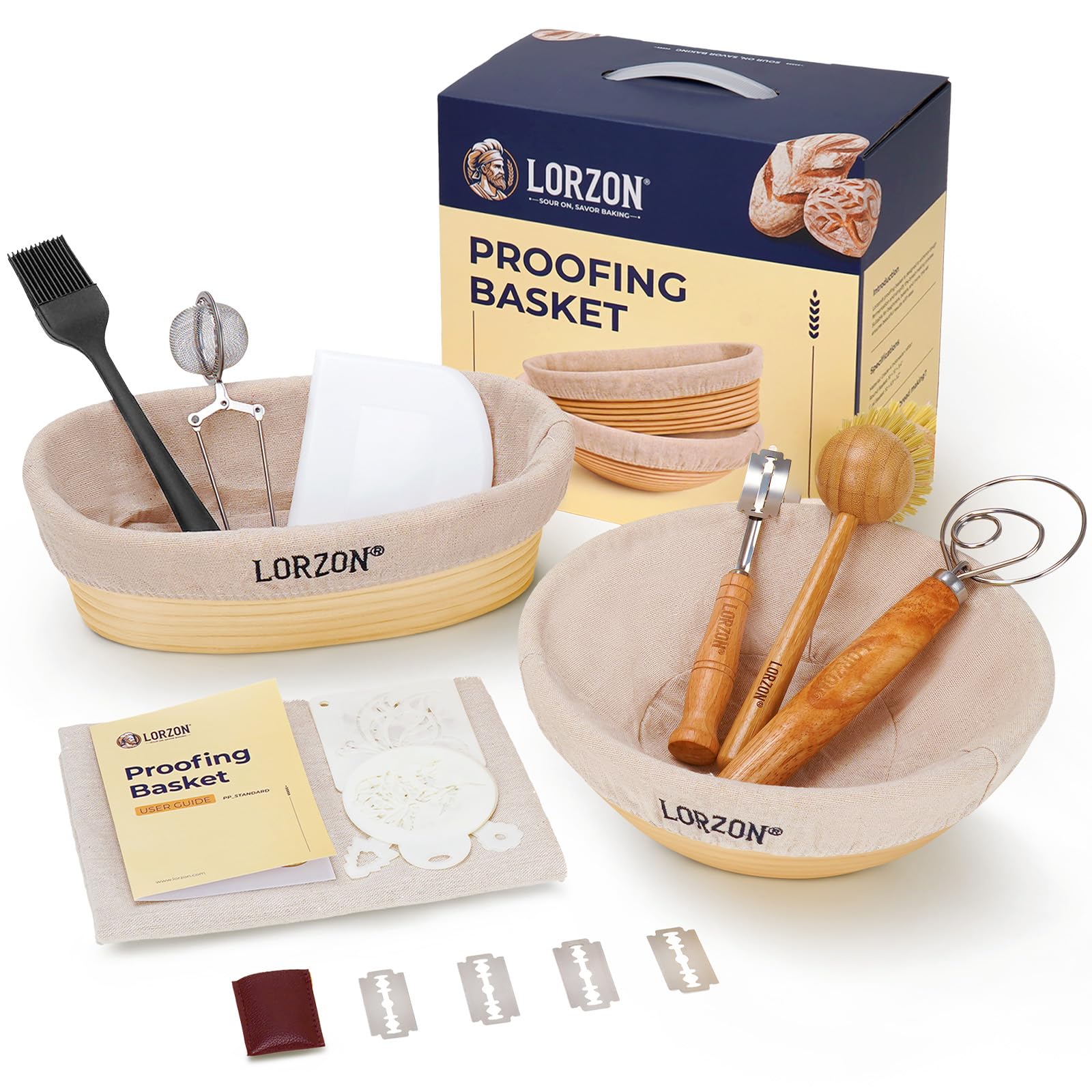 Clearance Final Stock - Lorzon Banneton Bread Proofing Basket Gift Set of 2 (10" Round & Oval Rattan) - Sourdough Bread Baking Supplies Making Tools with Bakers Couche & Sourdough Starter Kit
