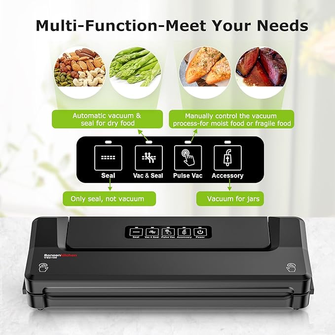 Bonsenkitchen Vacuum Sealer Machine With 5 Vacuum Bags,Black