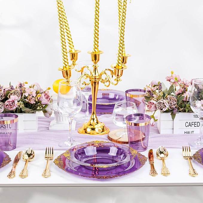 Nervure 50PCS Purple Plastic Bowls with Gold Rim 12oz Disposable Soup Bowls