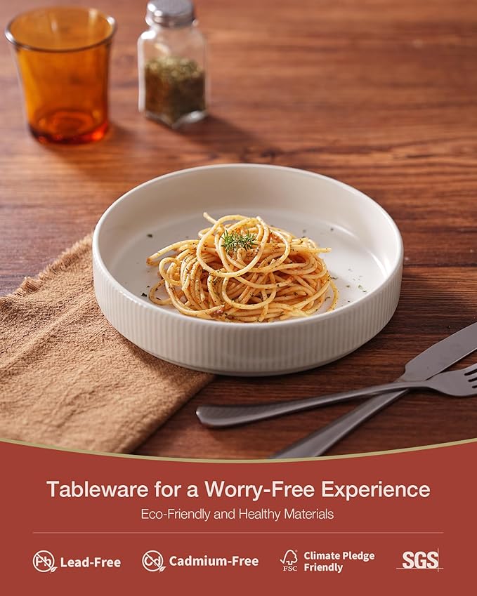 famiware Star 8.25" Pasta Bowls Set of 4, Bowl Plate, Dark Charcoal & White
