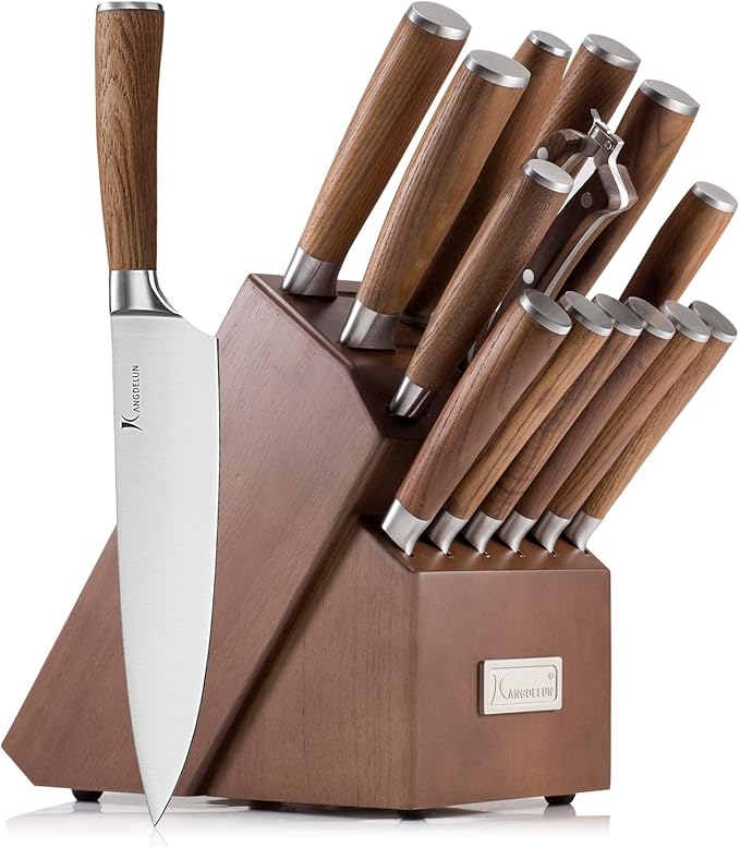 Kangdelun Ultra Sharp 15-Piece Knife Set, 50Cr15MoV High-Carbon Stainless Steel, Torrefied Brown Ash Wood Handles, Angled Dark Brown Wood Block, Easy Hand Wash, Gift Box