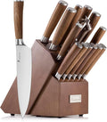 Kangdelun Ultra Sharp 15-Piece Knife Set, 50Cr15MoV High-Carbon Stainless Steel, Torrefied Brown Ash Wood Handles, Angled Dark Brown Wood Block, Easy Hand Wash, Gift Box