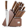 Kangdelun Ultra Sharp 15-Piece Knife Set, 50Cr15MoV High-Carbon Stainless Steel, Torrefied Brown Ash Wood Handles, Angled Dark Brown Wood Block, Easy Hand Wash, Gift Box
