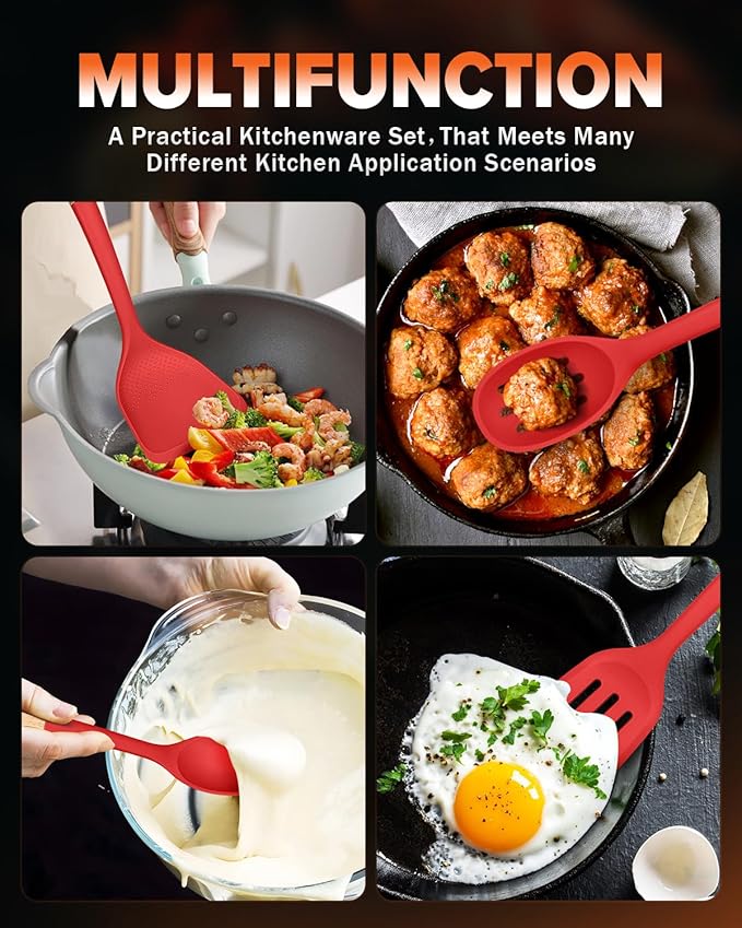 Badiano Silicone Cooking Utensils Set, Safe for Nonstick Cookwares, Red