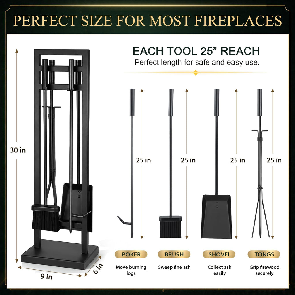 FEED GARDEN 5-Piece Fireplace Tool Set, 30" One-Piece Stand, Wrought Iron