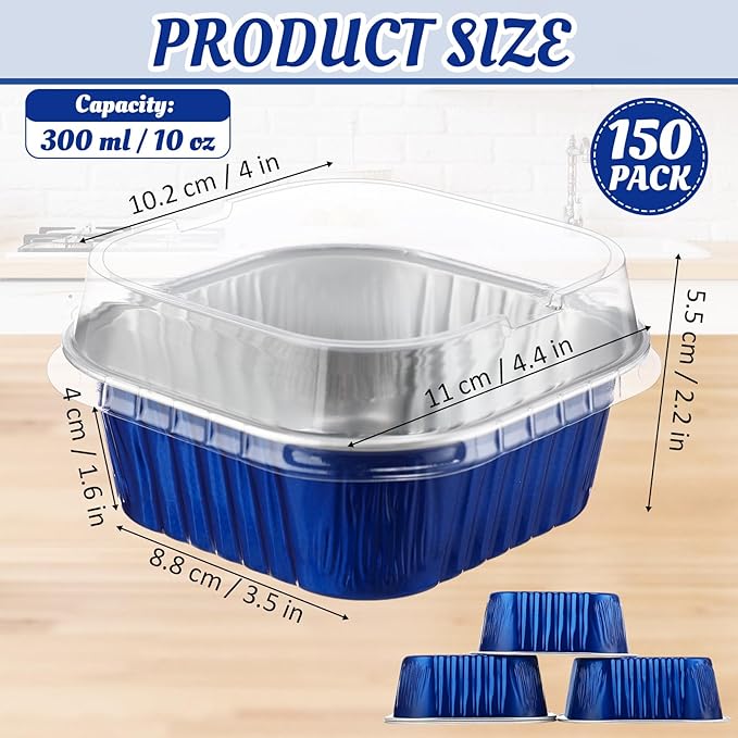Aoriher 150 Pcs 10 oz Mini Cake Pans with Lids Aluminum Foil Baking Cup Disposable Square 4 x 4 Large Baking Tin, Muffin Pan Cheesecake Kitchen Brownie Pudding Desserts Holder(Sapphire Blue)
