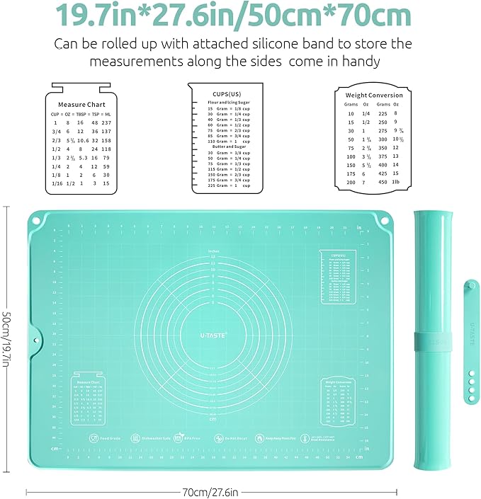 U-Taste Silicone Pastry Mat, Dough Rolling Baking Sheet, 28"x20", Aqua Sky