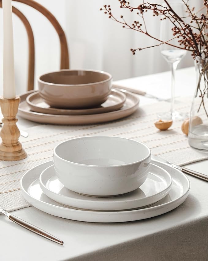 Famiware Milkyway 12-Piece Stoneware Dinnerware Set, White & Cinnamon Brown