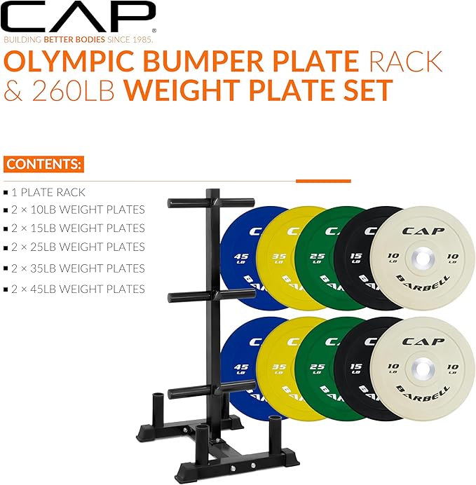 CAP 260lb Competition Olympic Bumper Plate Set with Storage Rack