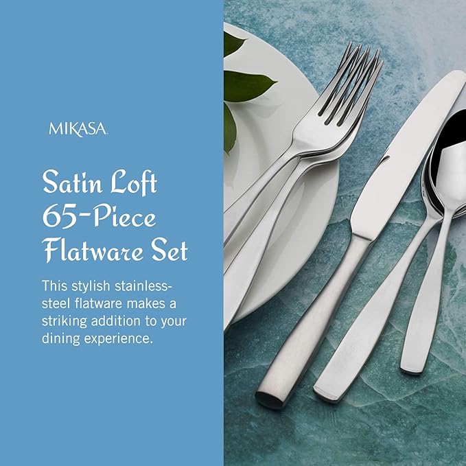 Mikasa Satin Loft 65-Piece Flatware Set, Service for 12, 18/10 Stainless Steel Silverware with Satin Finish, Includes Serving Utensils, Dishwasher Safe